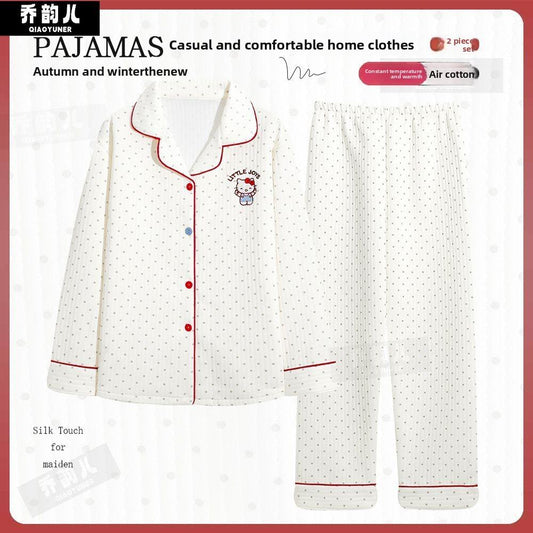 女士白色波點睡衣套裝,空氣棉絎縫家居服,長袖紐扣式寢衣,臥室休閒、慵懶時光及四季皆宜的溫暖舒適居家服