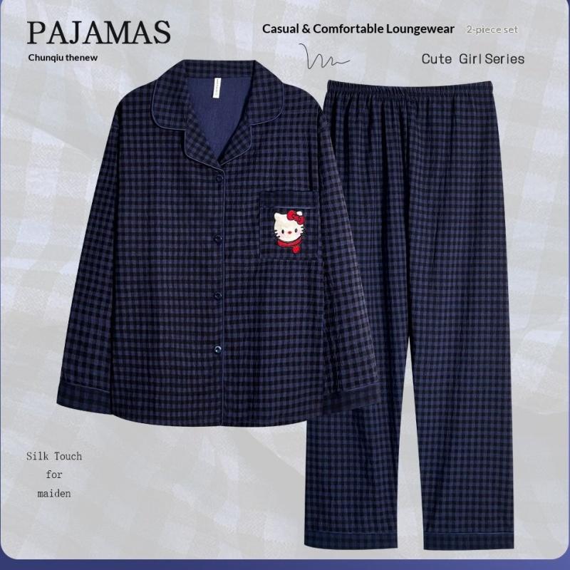 女士深藍色格紋睡衣套裝,長袖紐帶式家居服,柔軟「雲感棉」睡衣,舒適休閒居家服——臥室、慵懶時光、夜間穿著皆宜,四季通用。