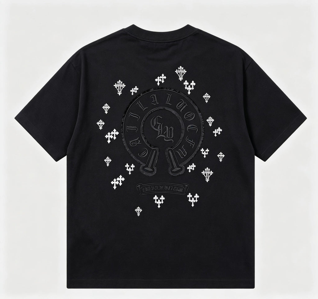 100% Cotton! Heavyweight High Street Gothic Cross Embroidered Short Sleeve Men's Summer Boxy Fit Loose T Shirt Streetwear Unisex Top
