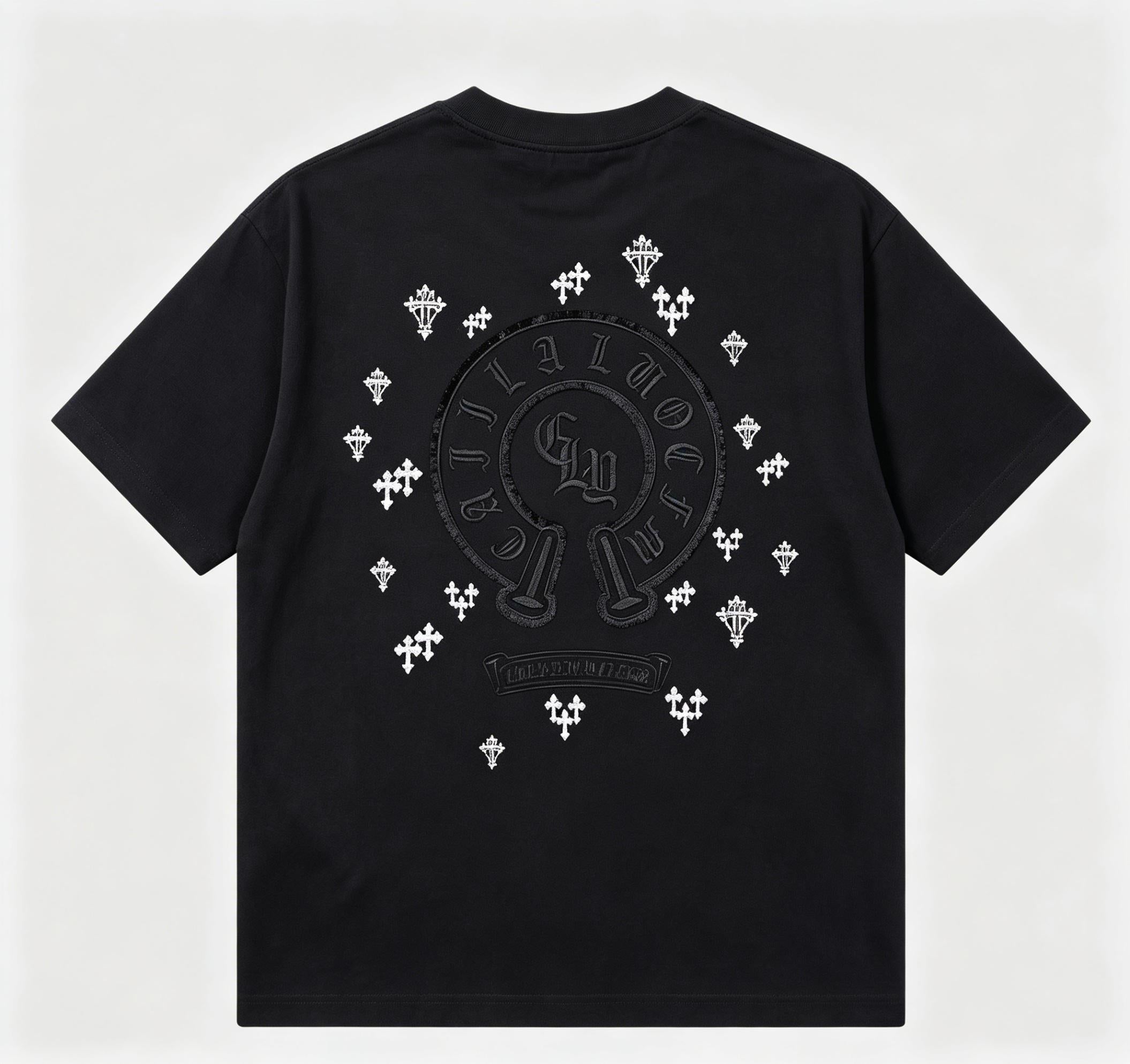 100% Cotton! Heavyweight High Street Gothic Cross Embroidered Short Sleeve Men's Summer Boxy Fit Loose T Shirt Streetwear Unisex Top