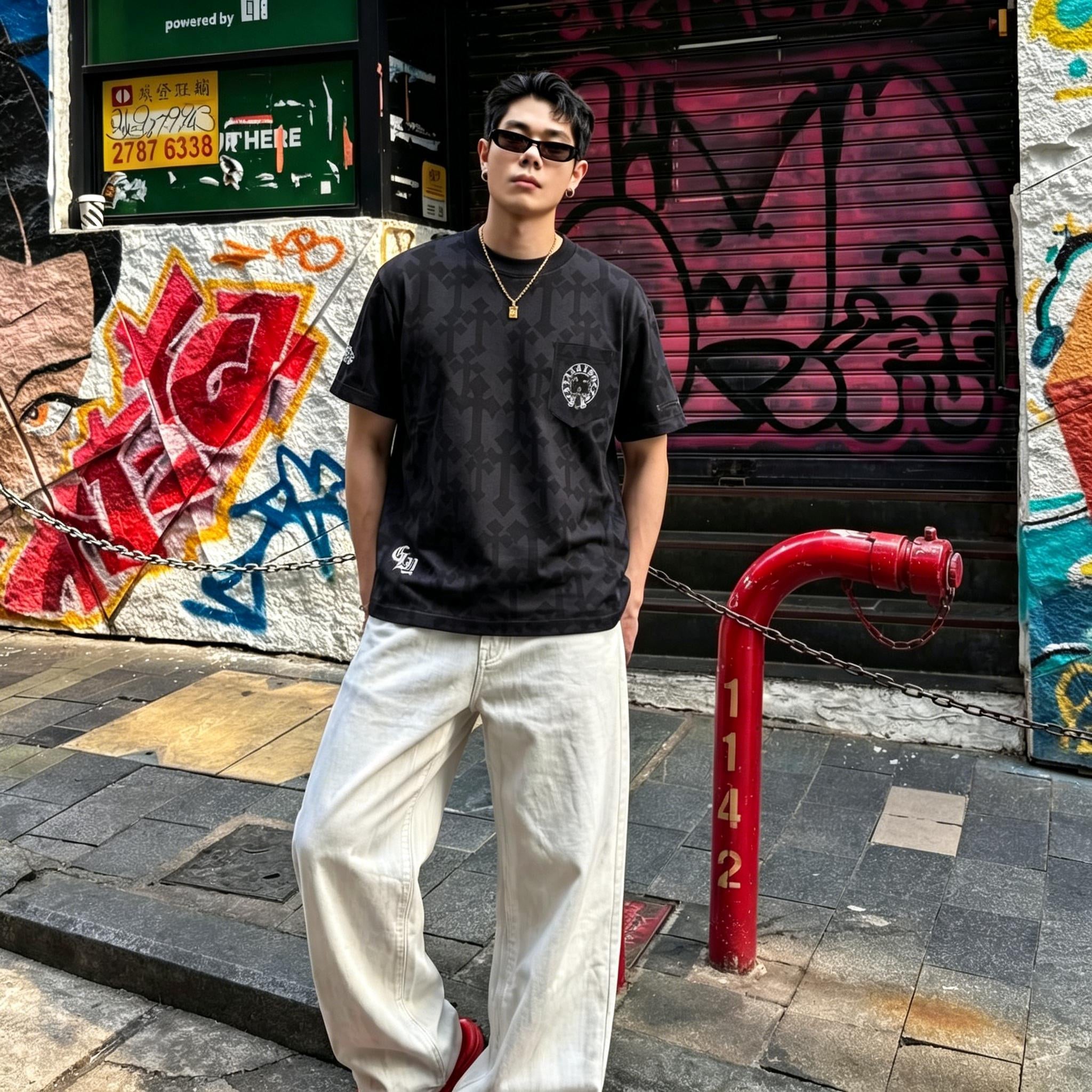 Trendy New Men's T-Shirt | Full Cross Graphic Print Streetwear | Korean Style Pocket Tee | Oversize Loose Fit Short Sleeve Top