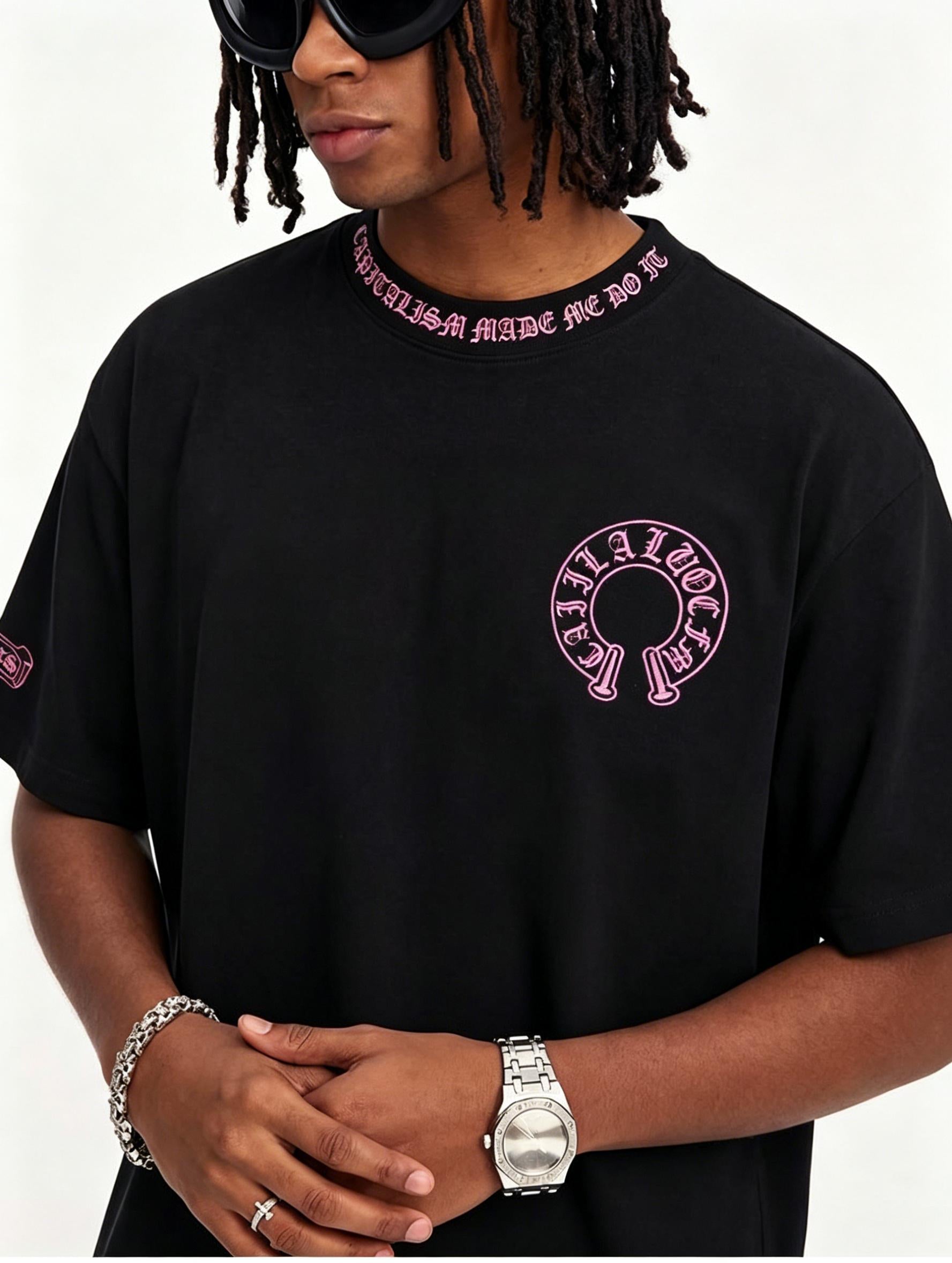 100% Cotton High Street Collar Embroidery T-Shirt Men's Women's Oversize Loose Fit Heavyweight Unisex Couple Streetwear Tee Black/Pink