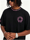 100% Cotton High Street Collar Embroidery T-Shirt Men's Women's Oversize Loose Fit Heavyweight Unisex Couple Streetwear Tee Black/Pink