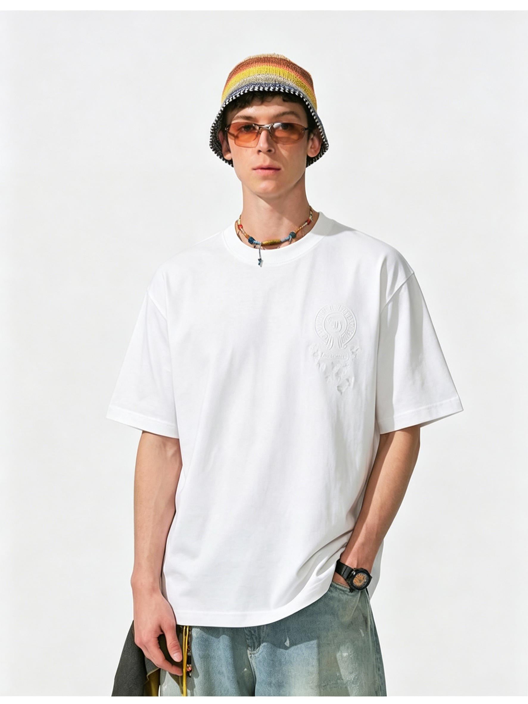 100% Cotton! Heavyweight High Street Gothic Cross Embroidered Short Sleeve Men's Summer Boxy Fit Loose T Shirt Streetwear Unisex Top