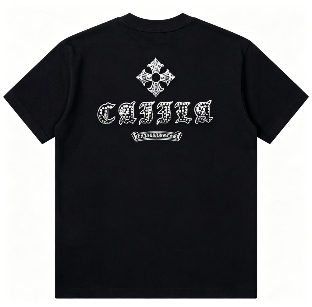 Heavyweight Pure Cotton Black T Shirt Men's | Retro Boxy Fit Streetwear | Gothic Letter Print with Sleeve Zipper | Premium Comfortable Casual Top