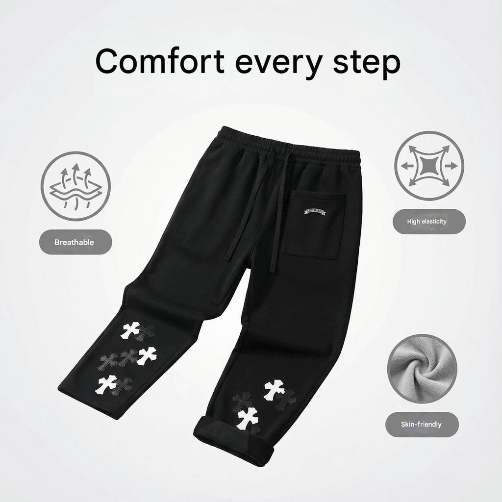 Chrome Hearts Streetwear Sweatpants with Lychee Leather Cross Patches | Men & Women Baggy Joggers | Y2K High Street Loose Trousers | Ready Stock SG