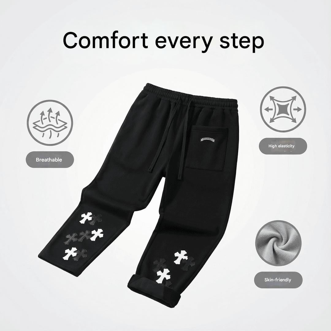 Chrome Hearts Streetwear Sweatpants with Lychee Leather Cross Patches | Men & Women Baggy Joggers | Y2K High Street Loose Trousers | Ready Stock SG