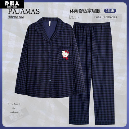 女士深藍色格紋睡衣套裝，長袖紐帶式家居服，柔軟「雲感棉」睡衣，舒適休閒居家服——臥室、慵懶時光、夜間穿著皆宜，四季通用。