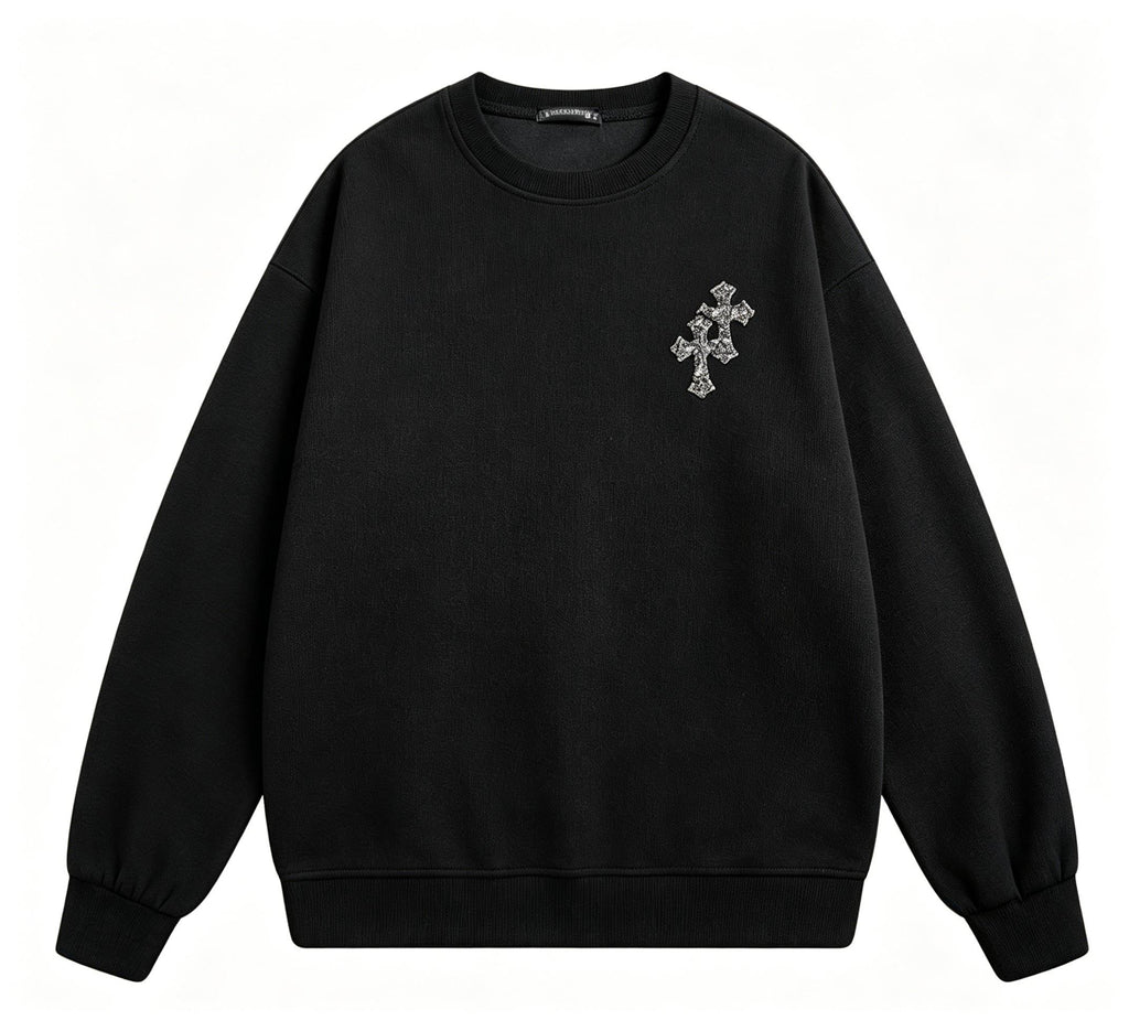 Men's Rhinestone Cross Sweatshirt | Y2K High Street Oversized Pullover | Heavyweight Cotton Hip Hop Jumper | Unisex Gothic Aesthetic Top