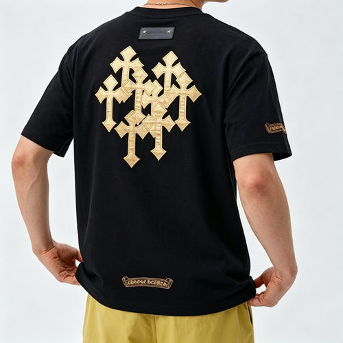 100% Cotton High Street Gold & Black Gothic Cross Patchwork T-Shirt Men's Women's Oversize Loose Fit Heavyweight Unisex Couple Streetwear Tee