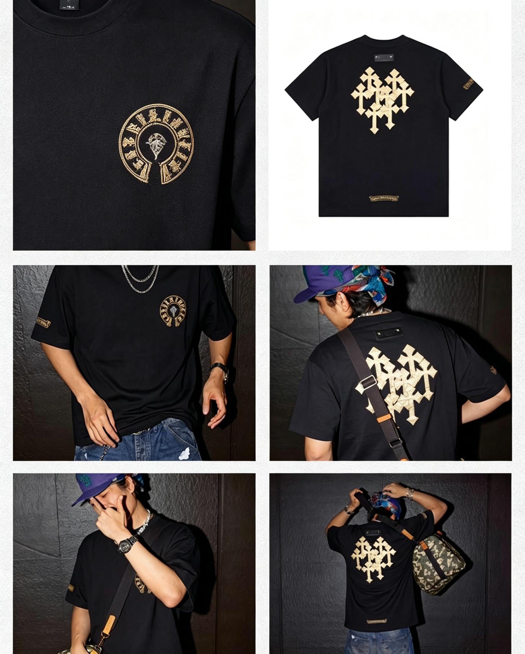 100% Cotton High Street Gold & Black Gothic Cross Patchwork T-Shirt Men's Women's Oversize Loose Fit Heavyweight Unisex Couple Streetwear Tee