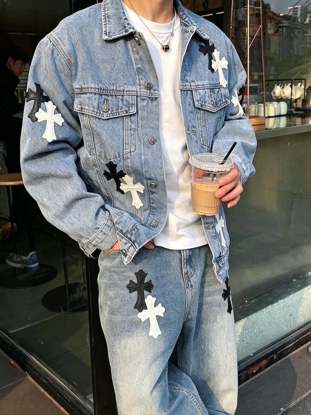 Men's Gothic Cross Denim Jacket | Y2K Streetwear Patchwork Embroidery Coat | Premium Washed Blue Black Jean Jacket