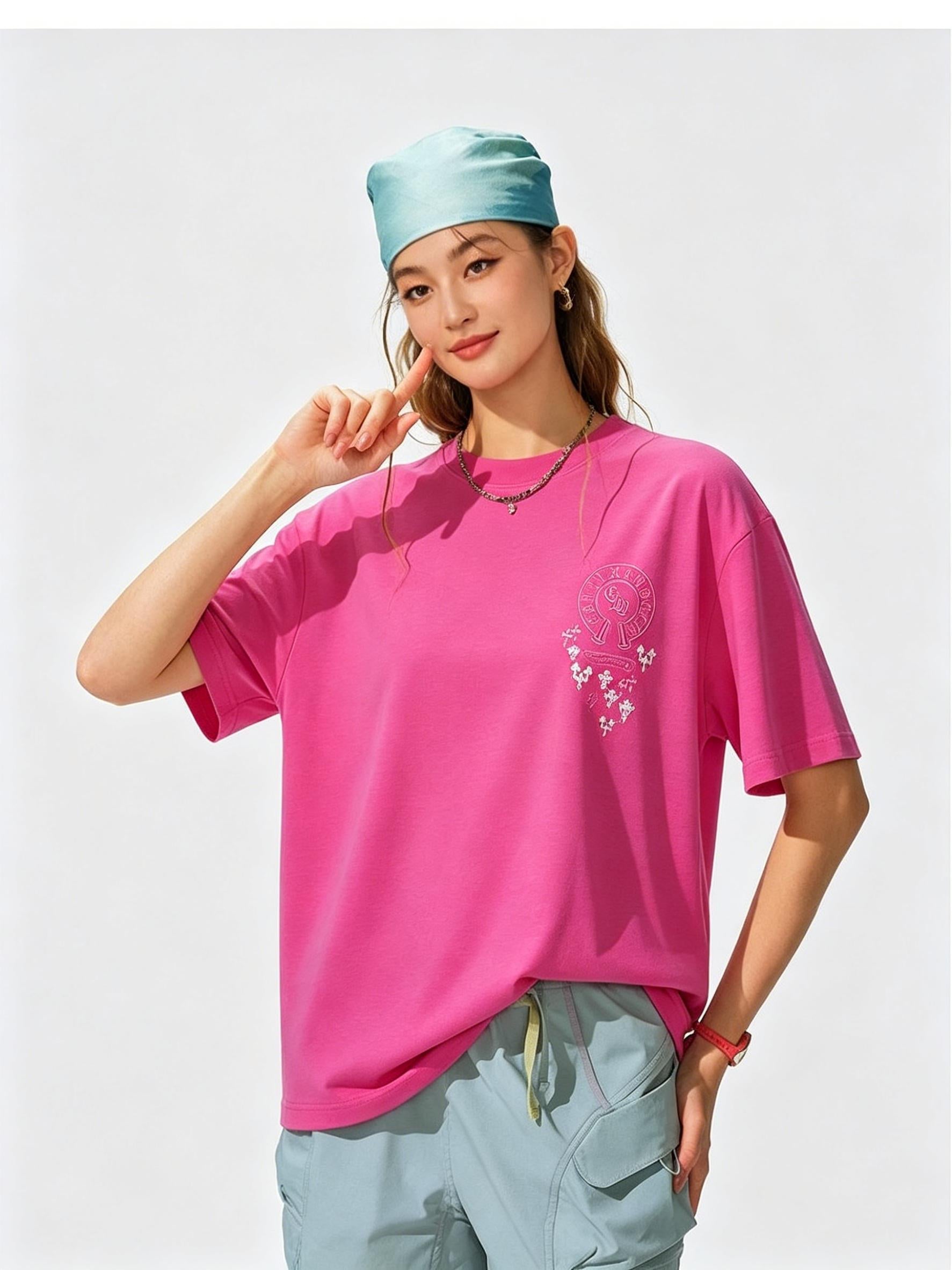 100% Cotton! Heavyweight High Street Gothic Cross Embroidered Short Sleeve Men's Summer Boxy Fit Loose T Shirt Streetwear Unisex Top