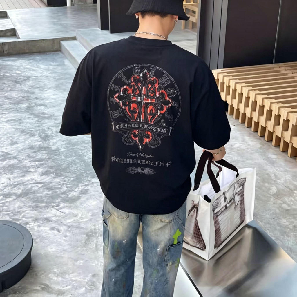 100% Cotton Heavyweight Feel! Retro Vibe Suede Flocking Horseshoe T-Shirt Men's Summer Boxy Fit Loose Streetwear Unisex Top