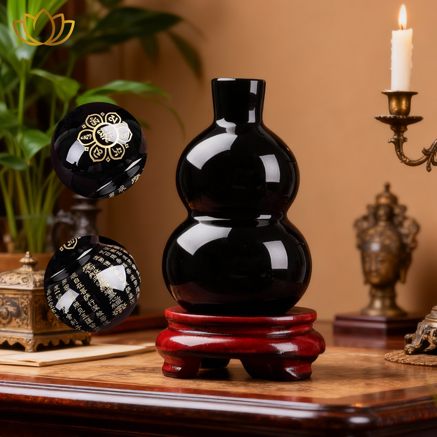 Obsidian Gourd Ornament Natural Black Obsidian Stone for Meditation Scrying Tabletop Decoration Home Accent