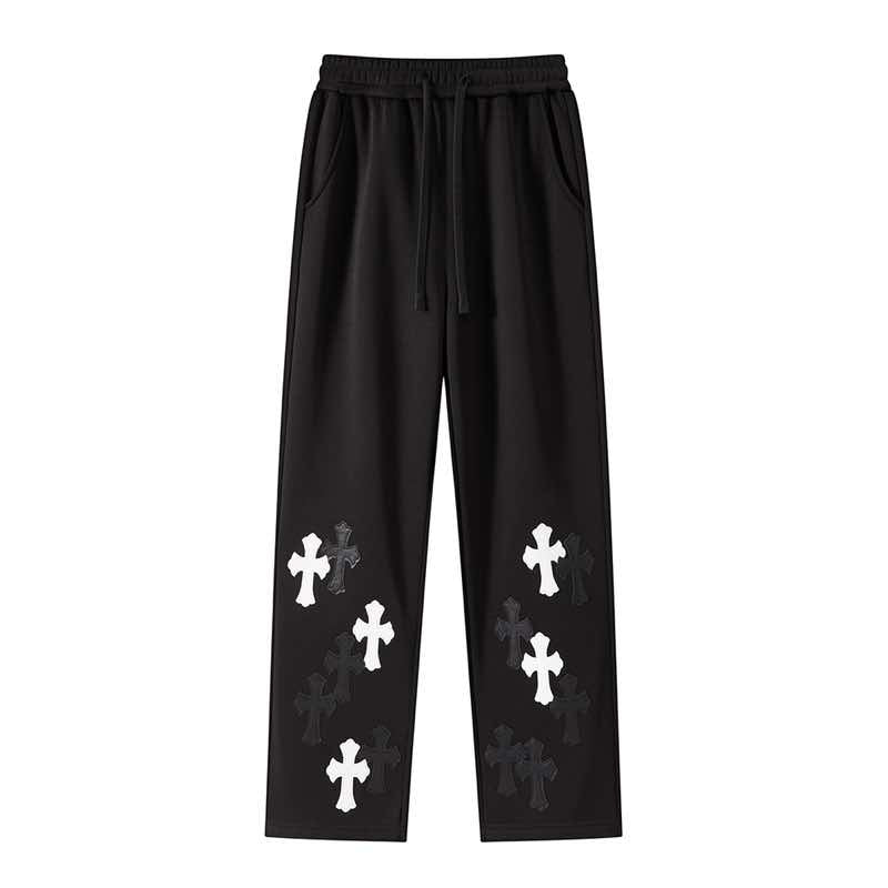 Chrome Hearts Streetwear Sweatpants with Lychee Leather Cross Patches | Men & Women Baggy Joggers | Y2K High Street Loose Trousers | Ready Stock SG