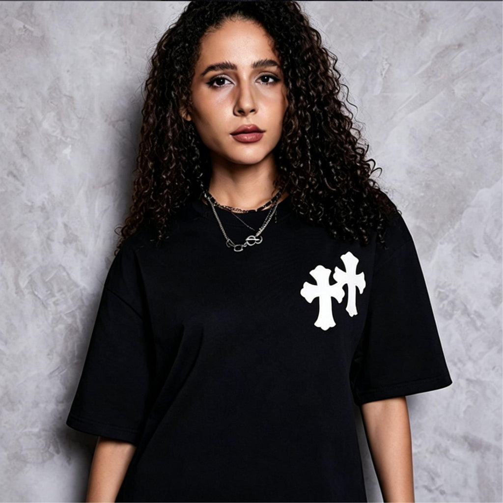 Premium 250g Liquid Water Soft Cotton Tee | Detailed Applique Embroidery | High end Cross Pattern | Comfortable Loose Tee Plus Size M 3XL