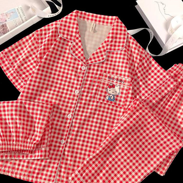 韓式風紅色格紋兩件式睡衣 | 柔軟透氣褶皺棉質家居服 | 短袖紐帶襯衫 + 配套短褲 | 女士及少女休閒家居服