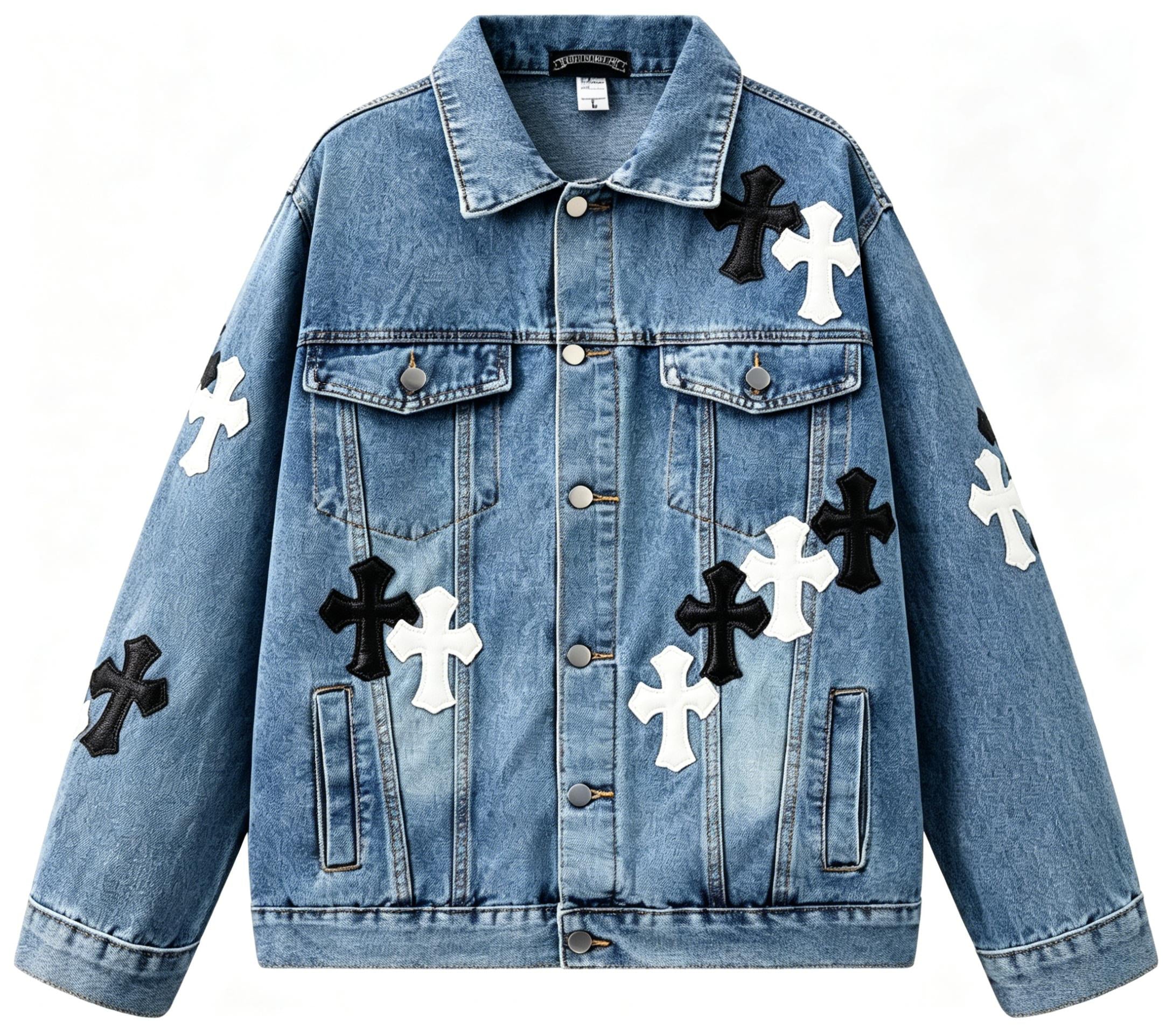 Men's Gothic Cross Denim Jacket | Y2K Streetwear Patchwork Embroidery Coat | Premium Washed Blue Black Jean Jacket
