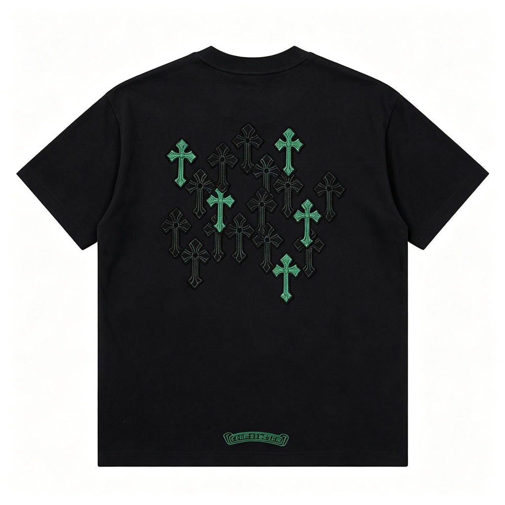 100% Cotton High Street Green & Black Gothic Cross Embroidered T Shirt Men's Women's Oversize Loose Fit Unisex Couple Streetwear Tee