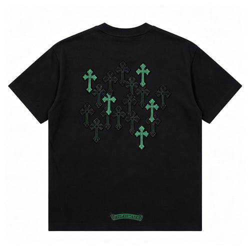 100% Cotton High Street Green & Black Gothic Cross Embroidered T Shirt Men's Women's Oversize Loose Fit Unisex Couple Streetwear Tee