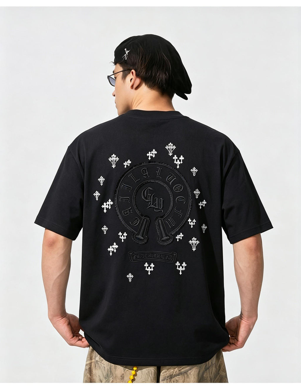 100% Cotton! Heavyweight High Street Gothic Cross Embroidered Short Sleeve Men's Summer Boxy Fit Loose T Shirt Streetwear Unisex Top
