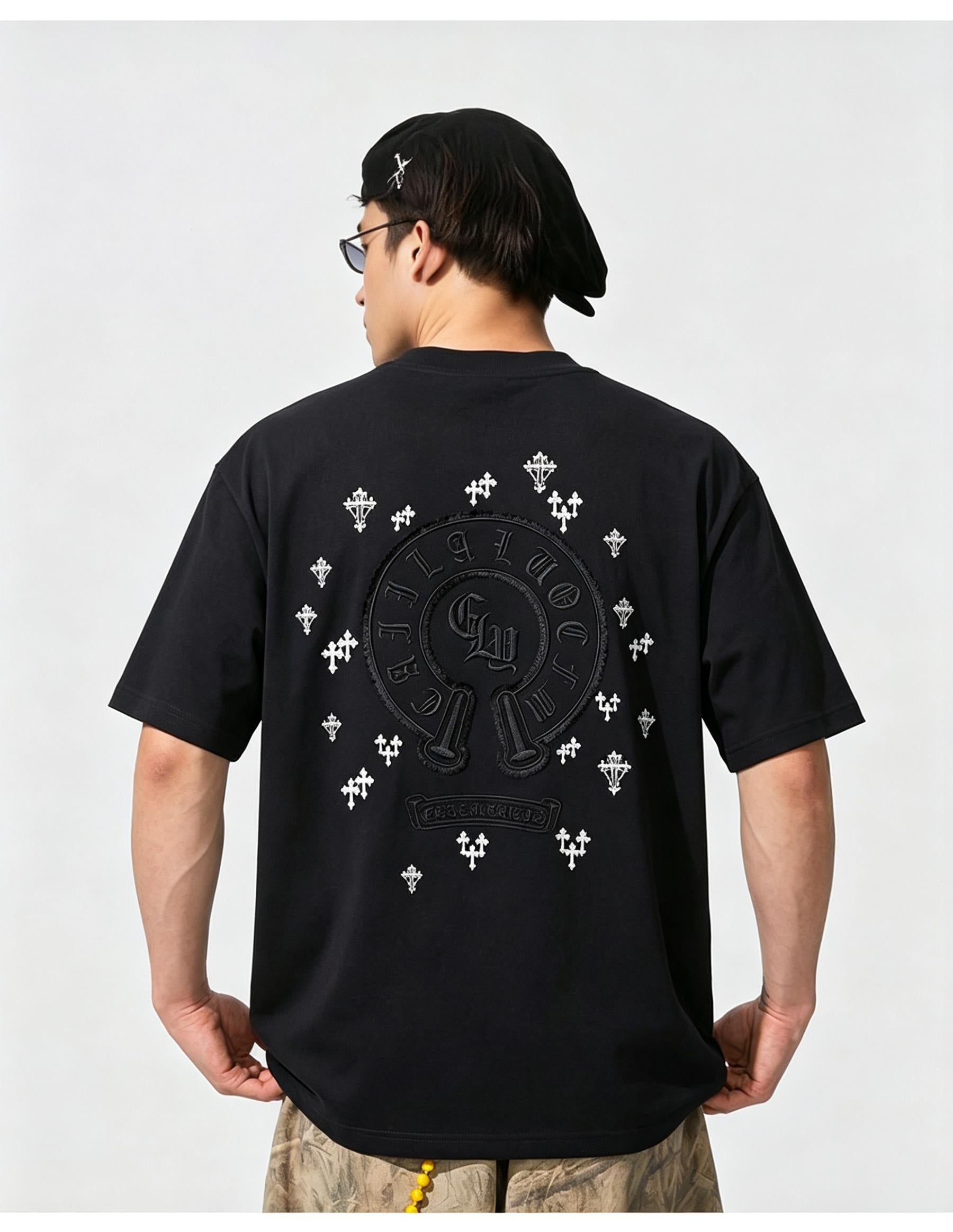 100% Cotton! Heavyweight High Street Gothic Cross Embroidered Short Sleeve Men's Summer Boxy Fit Loose T Shirt Streetwear Unisex Top