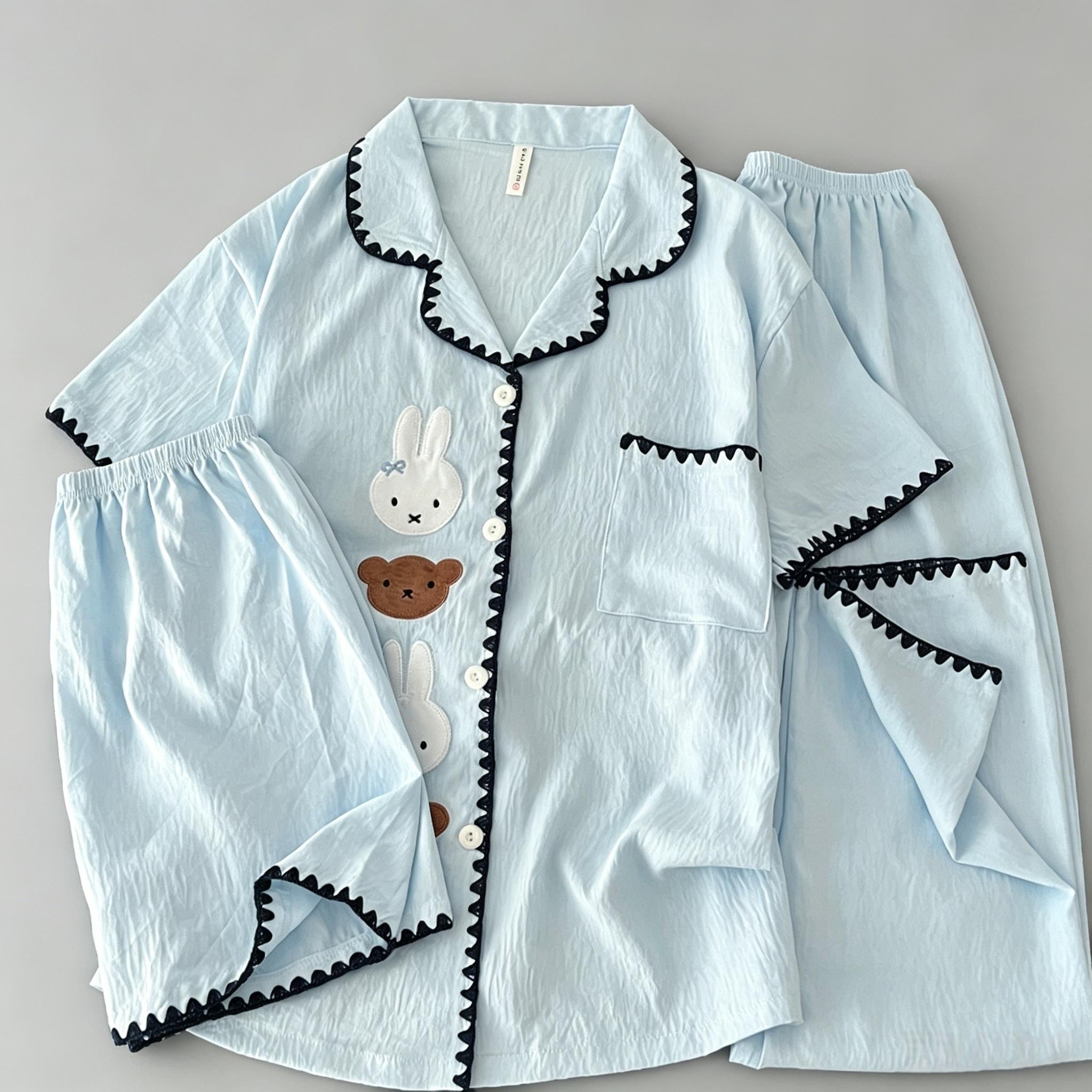 Korean Baby Blue Embroidered Animal Scallop-Trim Short-Sleeve Sleepwear | Crinkle Cotton Button-Up Shirt Elastic Pants Loungewear Women Girls Baju Tidur