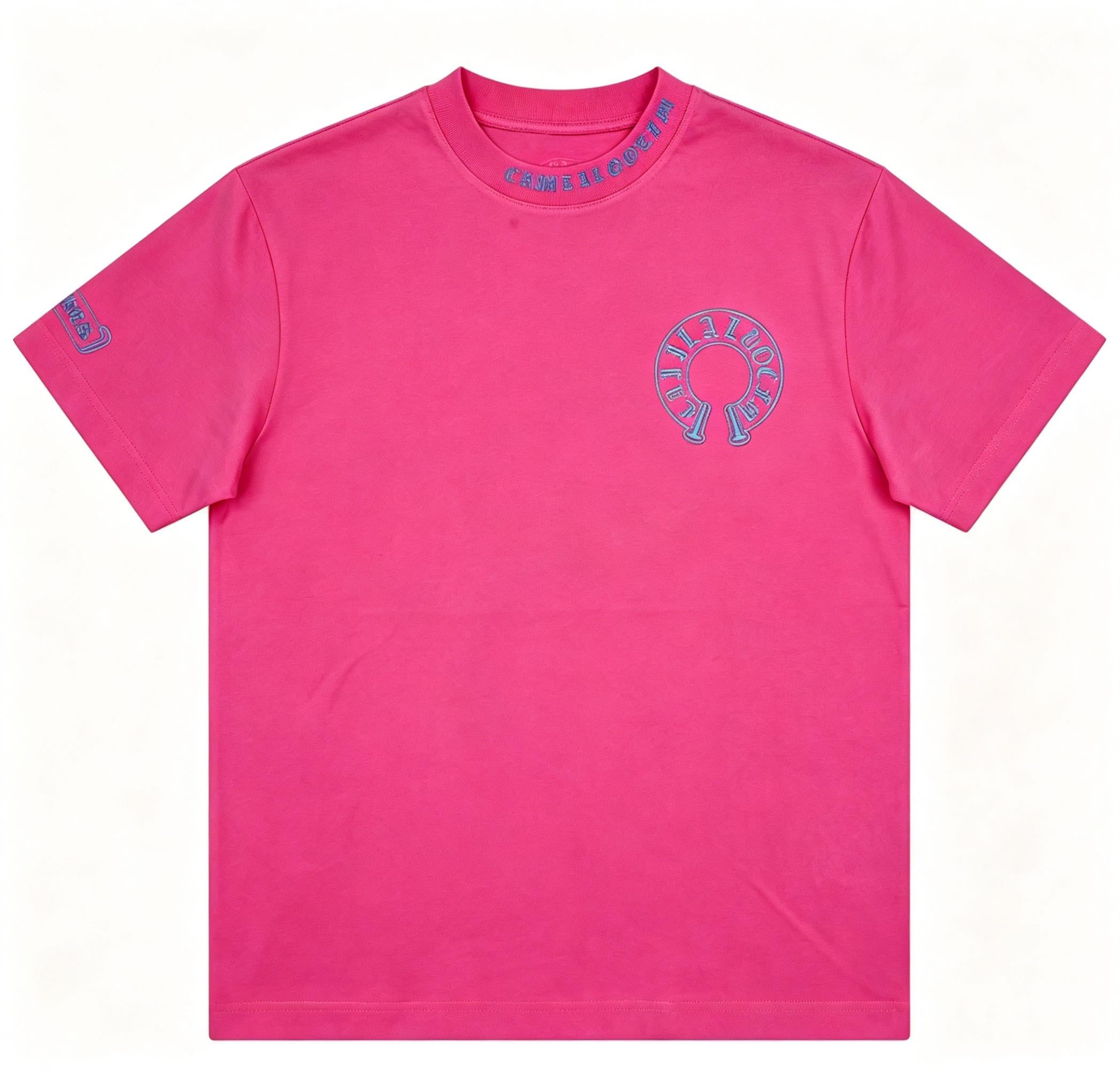 100% Cotton High Street Collar Embroidery T-Shirt Men's Women's Oversize Loose Fit Heavyweight Unisex Couple Streetwear Tee Black/Pink