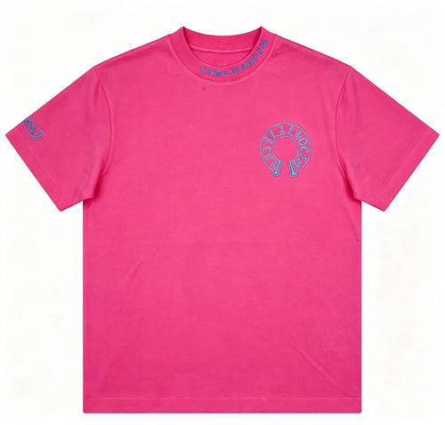 100% Cotton High Street Collar Embroidery T-Shirt Men's Women's Oversize Loose Fit Heavyweight Unisex Couple Streetwear Tee Black/Pink