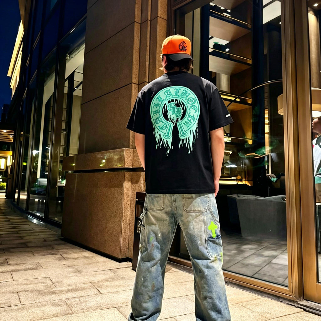 Trendy New Men's T Shirt | 3D Mint Green Flame Horseshoe Pattern | 300g Heavy Cotton High grade Short Sleeve | Korean Style Loose Streetwear