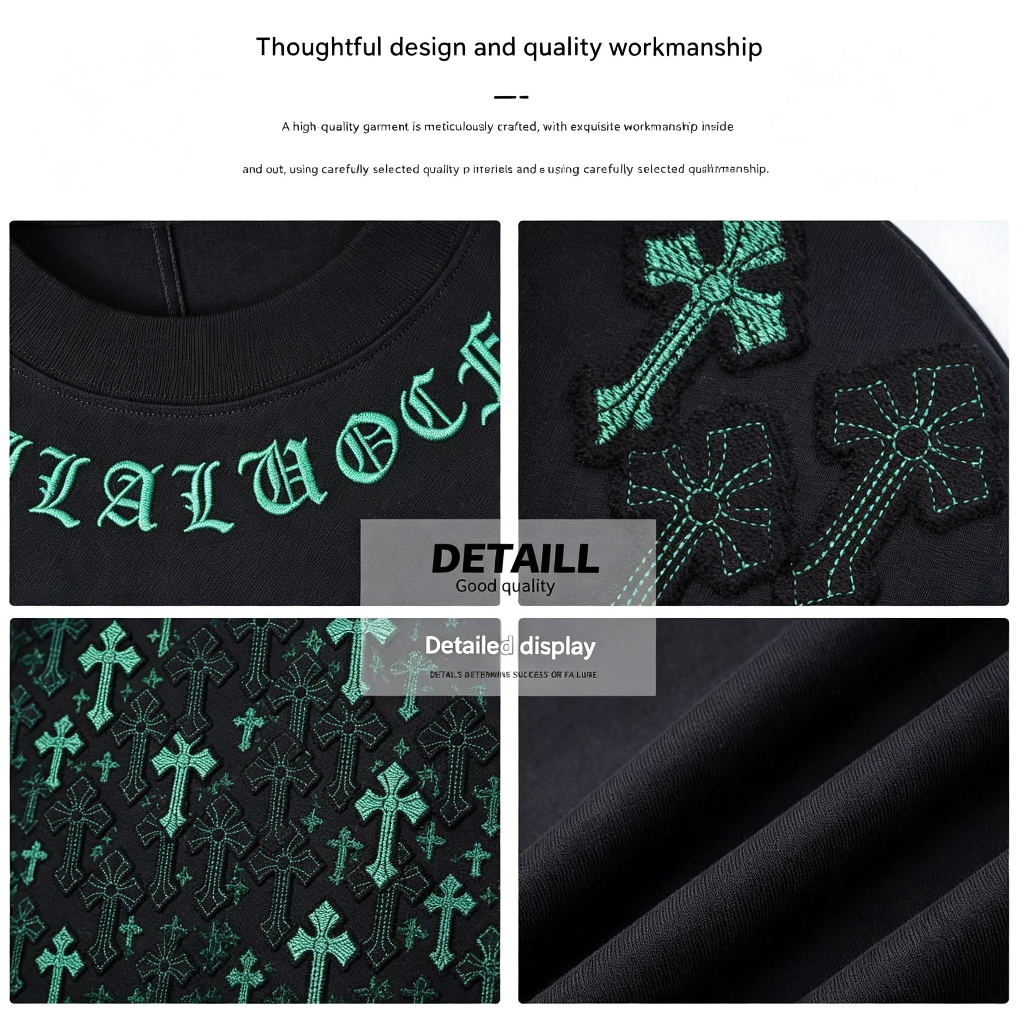 100% Cotton High Street Green & Black Gothic Cross Embroidered T Shirt Men's Women's Oversize Loose Fit Unisex Couple Streetwear Tee