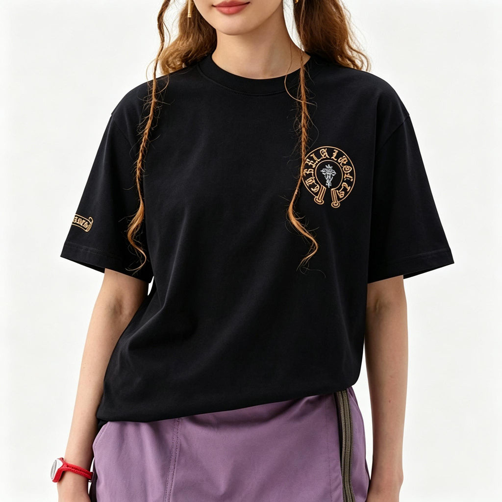 100% Cotton High Street Gold & Black Gothic Cross Patchwork T-Shirt Men's Women's Oversize Loose Fit Heavyweight Unisex Couple Streetwear Tee