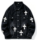 Men's Gothic Cross Denim Jacket | Y2K Streetwear Patchwork Embroidery Coat | Premium Washed Blue Black Jean Jacket
