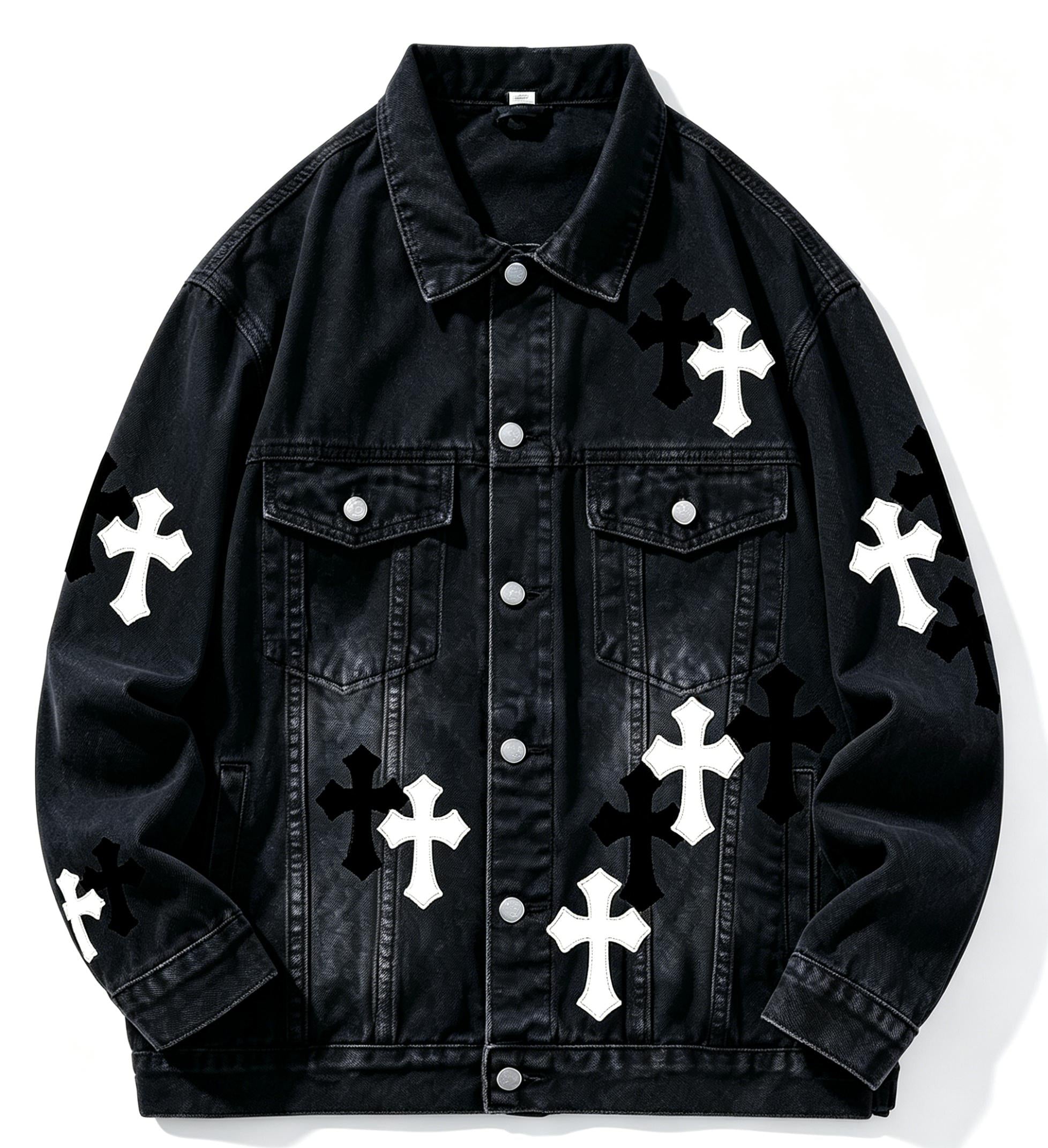 Men's Gothic Cross Denim Jacket | Y2K Streetwear Patchwork Embroidery Coat | Premium Washed Blue Black Jean Jacket