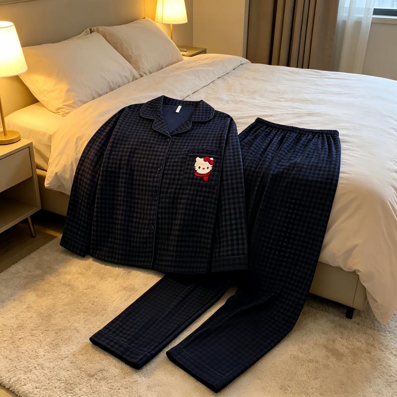 女士深藍色格紋睡衣套裝，長袖紐帶式家居服，柔軟「雲感棉」睡衣，舒適休閒居家服——臥室、慵懶時光、夜間穿著皆宜，四季通用。