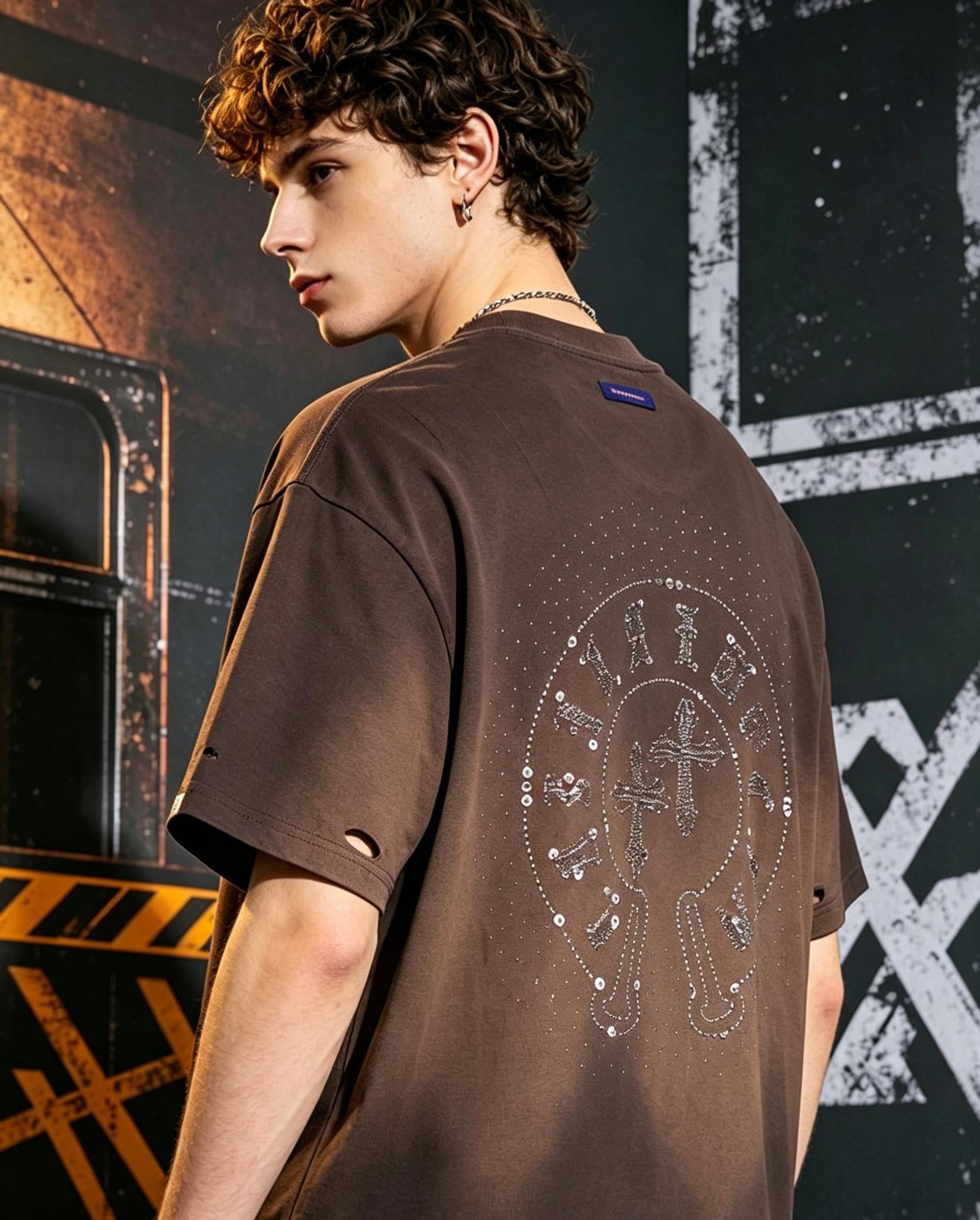 100% Cotton High Street Retro Washed Distressed T Shirt Men's Women's Rhinestone Cross Gradient Heavyweight Short Sleeve Oversize Unisex Tee