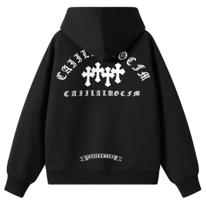 [100% Cotton] Unisex Vintage Streetwear Hoodie | Gothic Cross Graphic Zip Up Jacket | Baggy Y2K Style Outerwear | Trendy SG