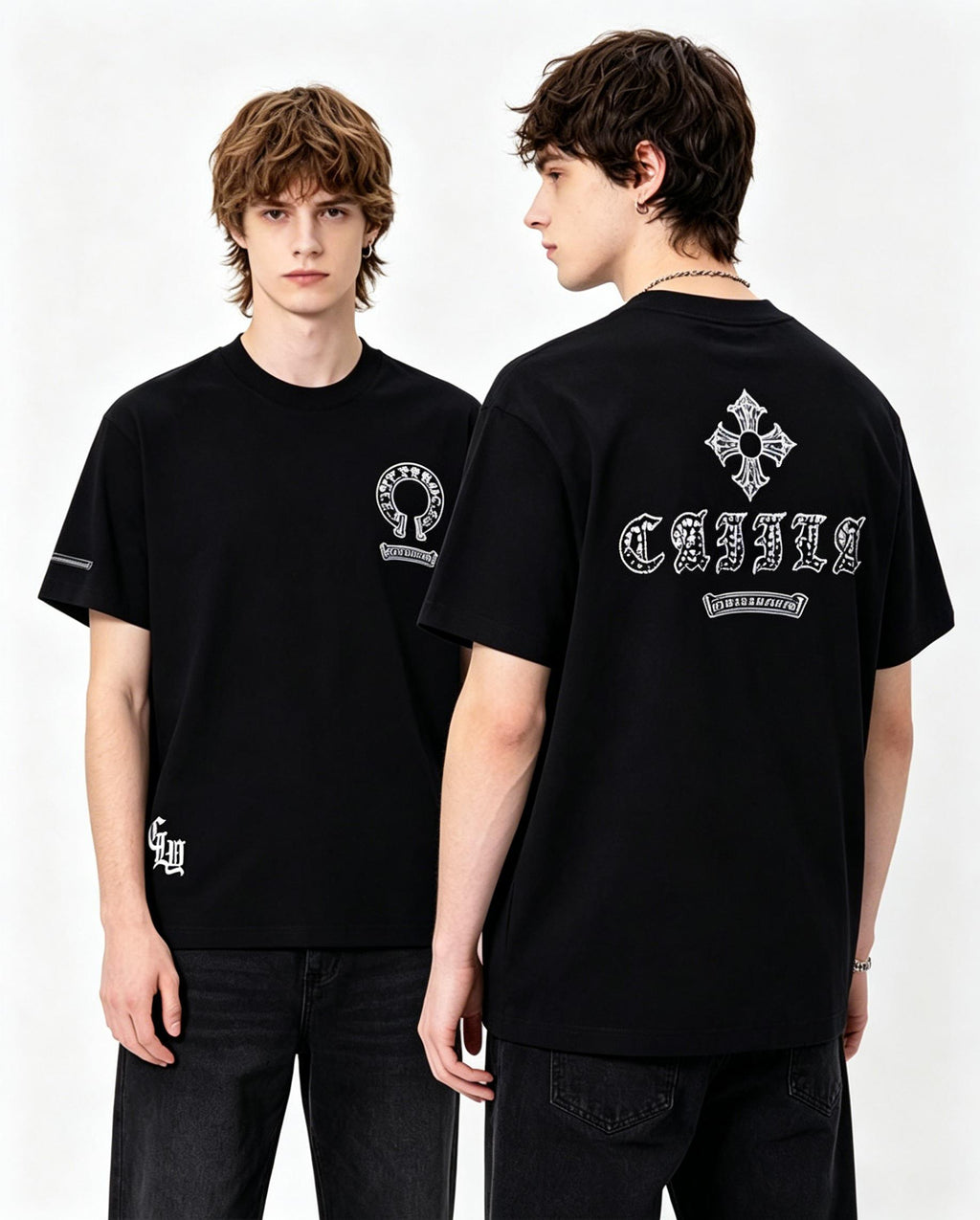 Heavyweight Pure Cotton Black T Shirt Men's | Retro Boxy Fit Streetwear | Gothic Letter Print with Sleeve Zipper | Premium Comfortable Casual Top