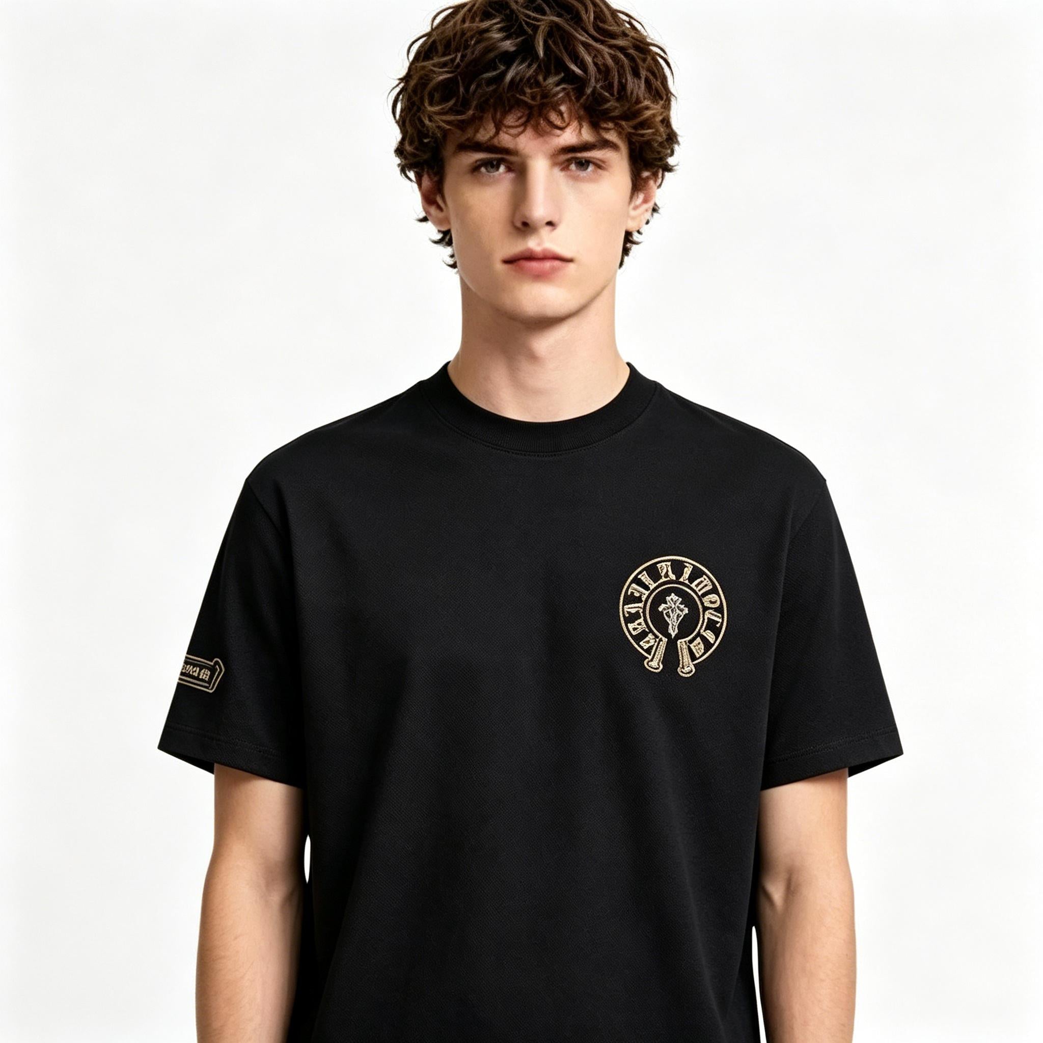 100% Cotton High Street Gold & Black Gothic Cross Patchwork T-Shirt Men's Women's Oversize Loose Fit Heavyweight Unisex Couple Streetwear Tee