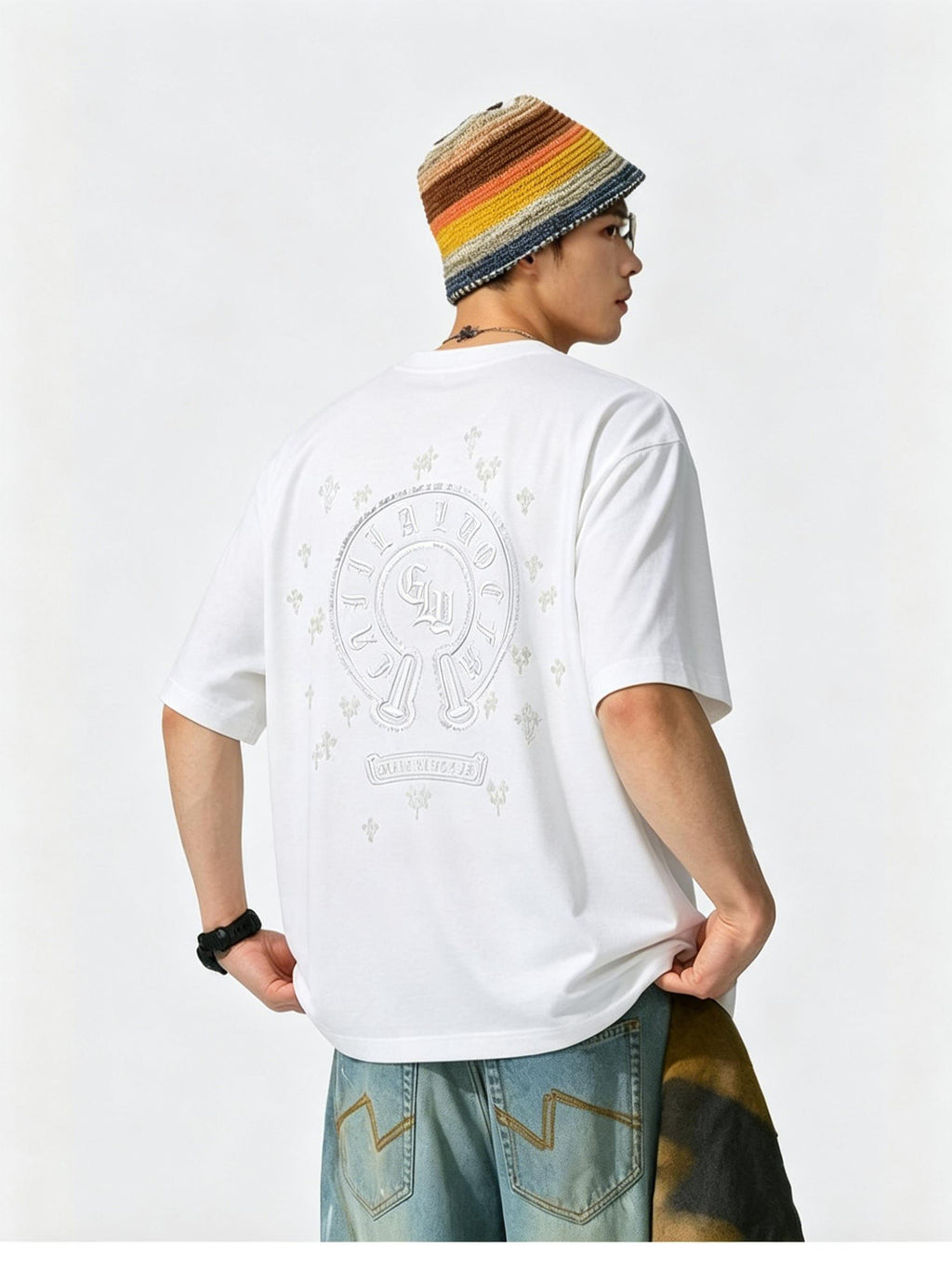 100% Cotton! Heavyweight High Street Gothic Cross Embroidered Short Sleeve Men's Summer Boxy Fit Loose T Shirt Streetwear Unisex Top