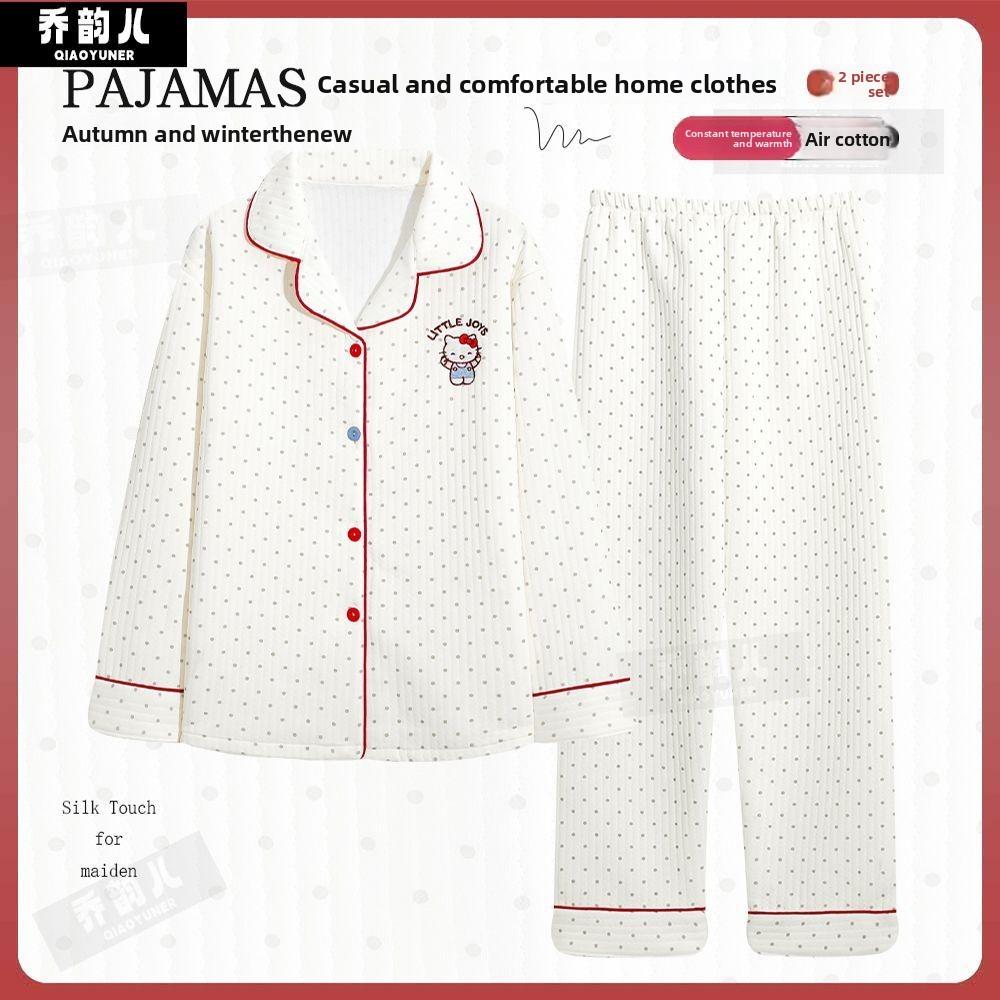 女士白色波點睡衣套裝，空氣棉絎縫家居服，長袖紐扣式寢衣，臥室休閒、慵懶時光及四季皆宜的溫暖舒適居家服