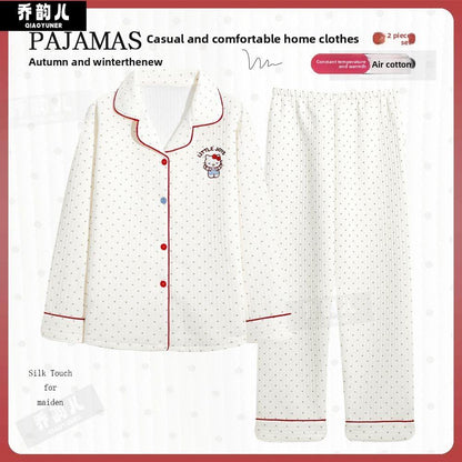 女士白色波點睡衣套裝，空氣棉絎縫家居服，長袖紐扣式寢衣，臥室休閒、慵懶時光及四季皆宜的溫暖舒適居家服