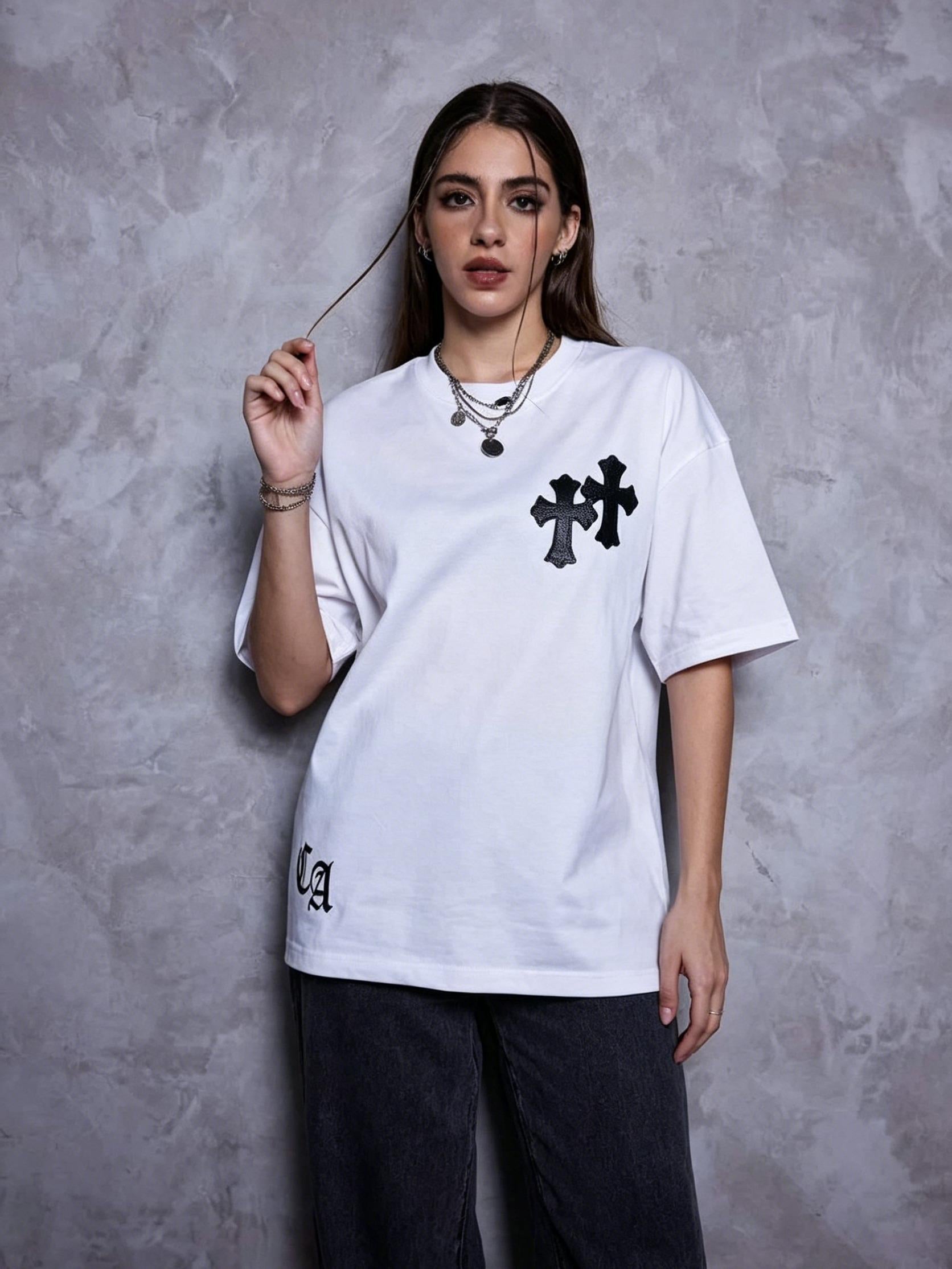 Premium 250g Liquid Water Soft Cotton Tee | Detailed Applique Embroidery | High end Cross Pattern | Comfortable Loose Tee Plus Size M 3XL