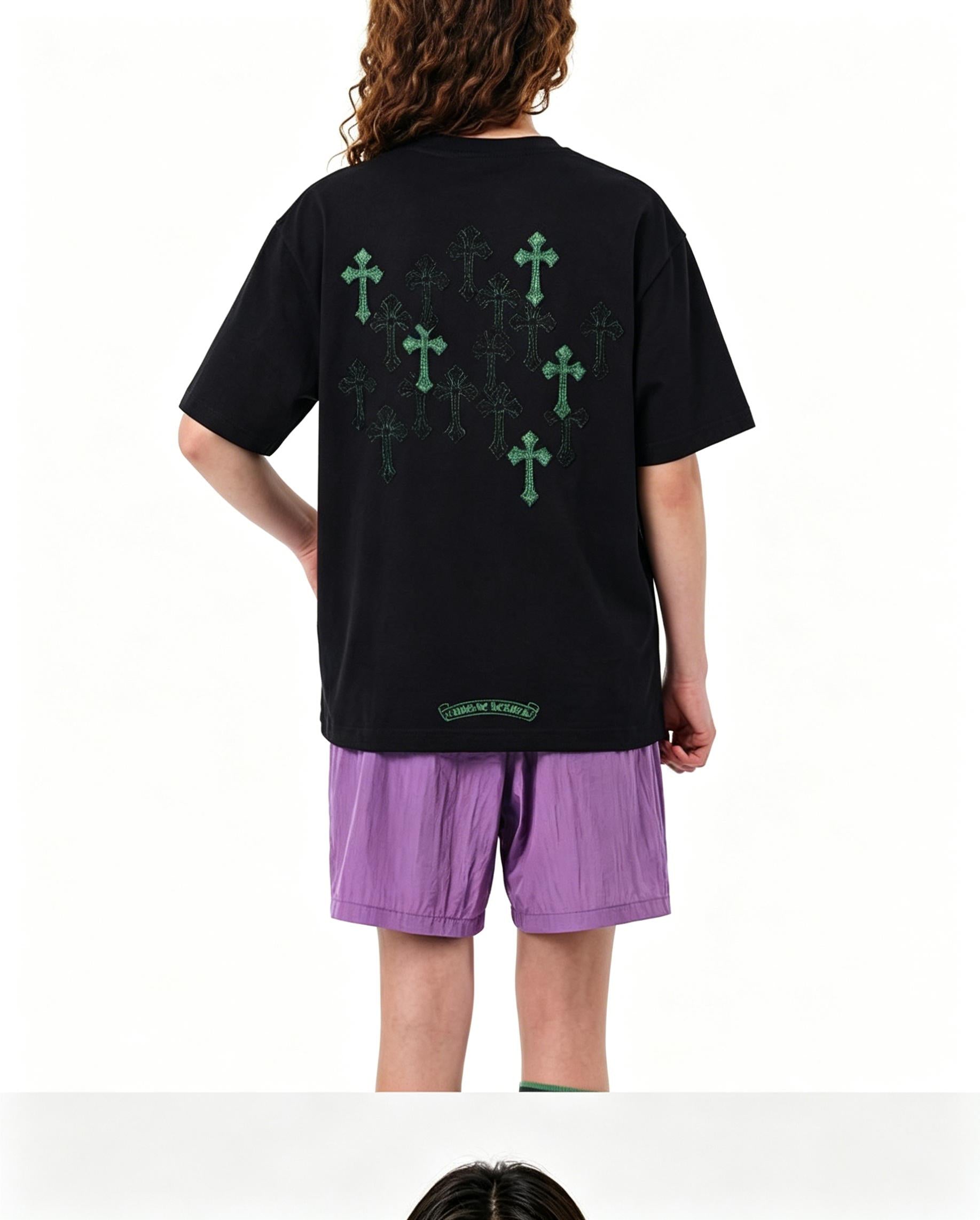 100% Cotton High Street Green & Black Gothic Cross Embroidered T Shirt Men's Women's Oversize Loose Fit Unisex Couple Streetwear Tee