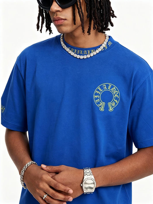 100% Cotton High Street Collar Embroidery T-Shirt Men's Women's Oversize Loose Fit Heavyweight Unisex Couple Streetwear Tee Black/Pink
