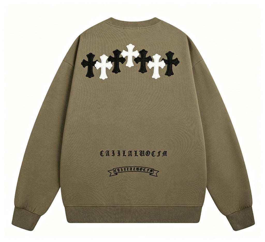 Men's Gothic Cross Sweatshirt | Patchwork Embroidery Y2K Streetwear | Heavyweight Cotton Oversized Pullover