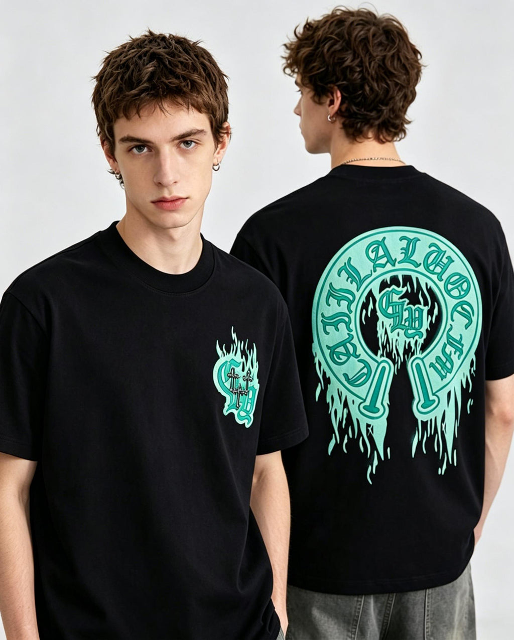 Trendy New Men's T Shirt | 3D Mint Green Flame Horseshoe Pattern | 300g Heavy Cotton High grade Short Sleeve | Korean Style Loose Streetwear