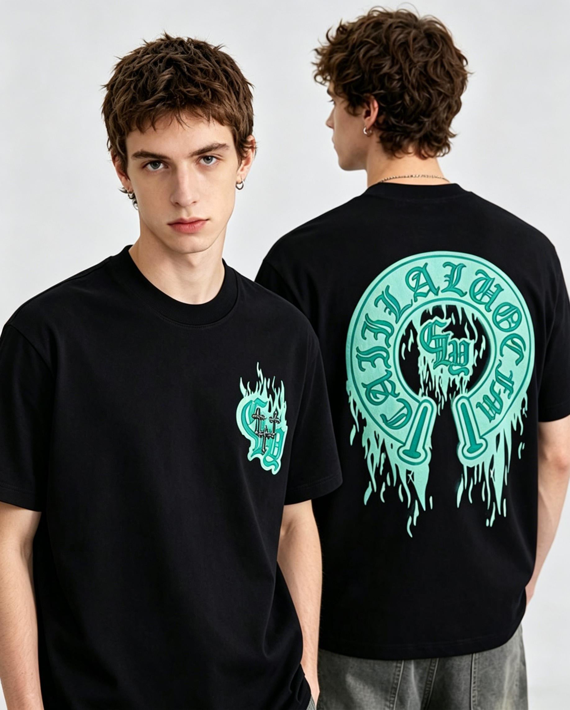 Trendy New Men's T Shirt | 3D Mint Green Flame Horseshoe Pattern | 300g Heavy Cotton High grade Short Sleeve | Korean Style Loose Streetwear