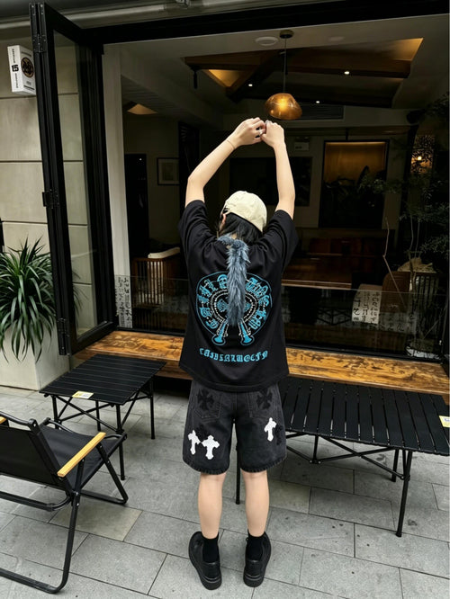 100% Cotton Heavyweight Feel! Retro Vibe Rhinestone Horseshoe T Shirt Men's Summer Boxy Fit Loose Streetwear Unisex Top